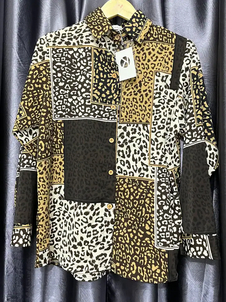 Kemeja leopard patchwork, kemeja & blouse