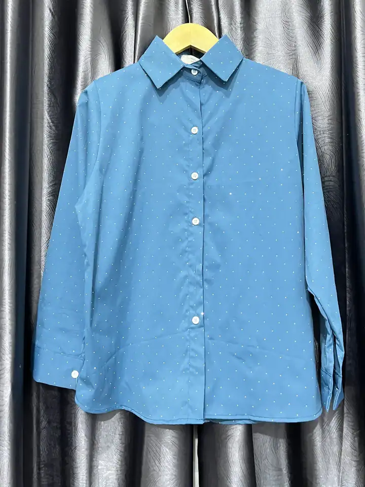 Kemeja polkadot biru, kemeja & blouse