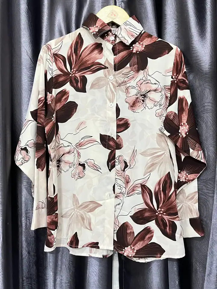 Kemeja floral cokelat, kemeja & blouse
