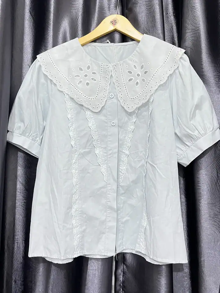 Blouse kerah bordir biru, kemeja & blouse