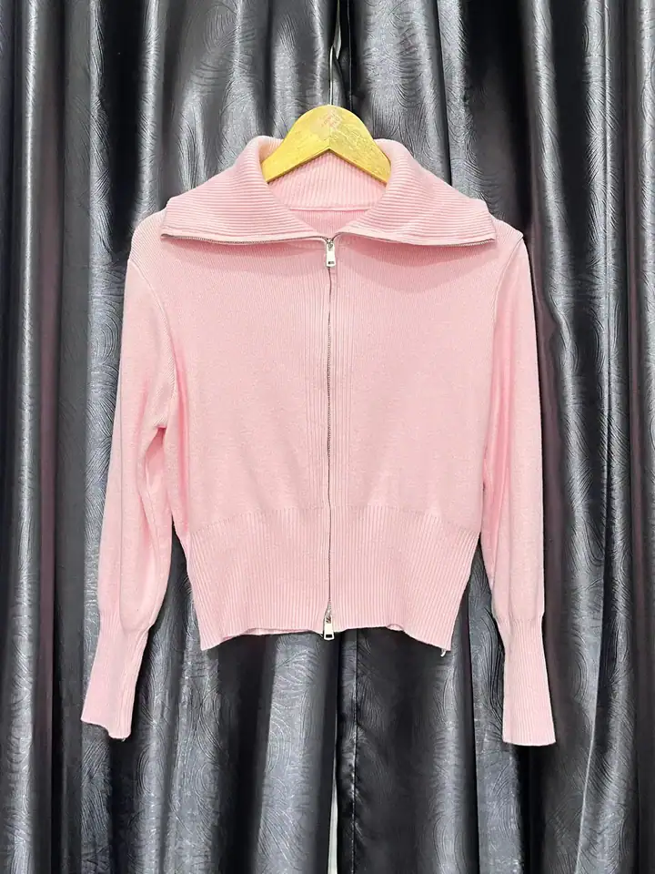 Cardigan zip kerah lebar pink, cardigan
