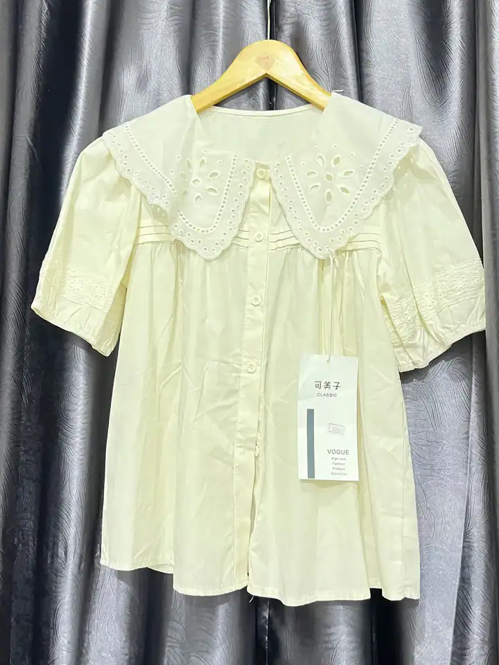 Blouse kerah bordir krem, kemeja & blouse